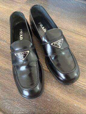 Prada Black Patent Leather Logo Penny Loafers